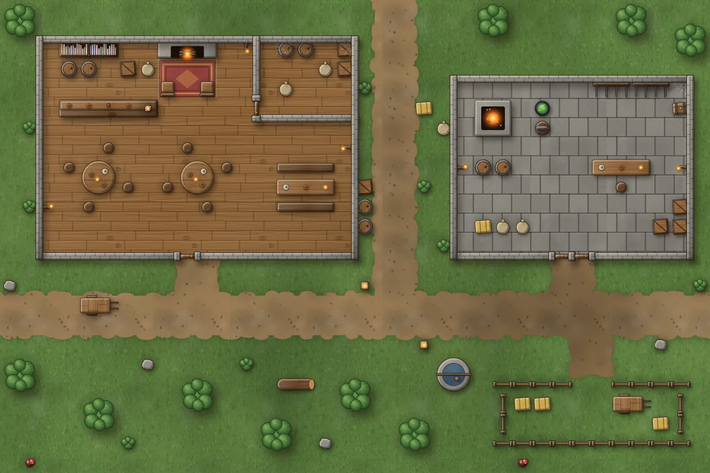 La posada del cruce en el tablero: el grupo en el camino y dos kobolds junto a la herrería